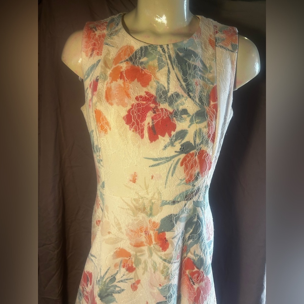 Calvin Klein Floral Midi Dress - Cream, Orange, Blue - Picture 2 of 12